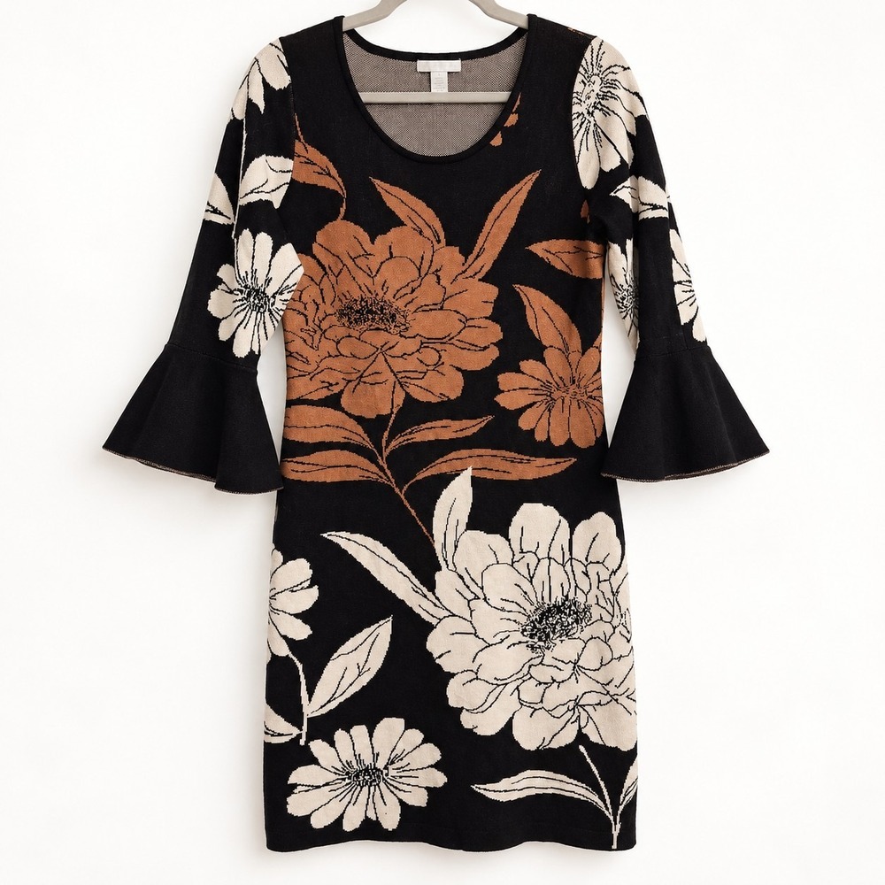 Boho Floral Sweater Dress LG Bell Sleeve Black Brown Cream Knit Retro 70s Fall
